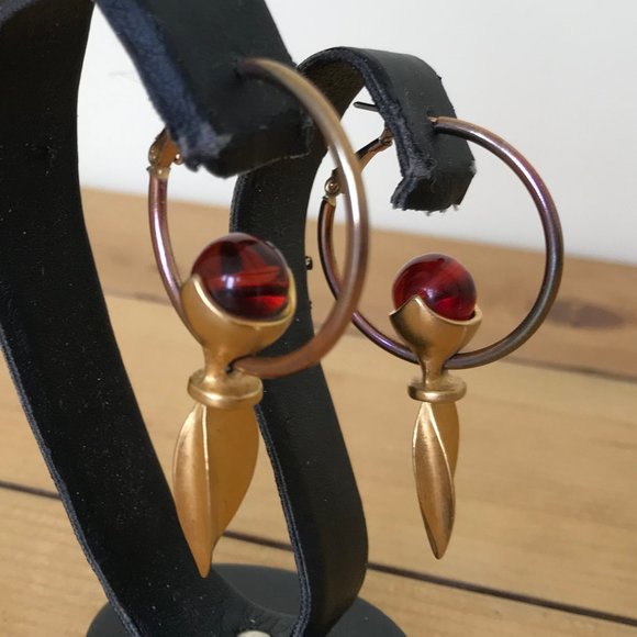 Large Hoop Earrings with Gold Tone Swinging Pendulum Swirl Point Hinge Back 2" - Picture 2 of 7